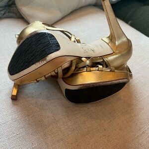 Stuart Weitzman Black Suede & Gold Patent Leather Open Toe Mule Sandals, 6.5